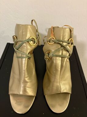 Gold Peep-Toe Leather Ankle Boots with Decorative Lacing